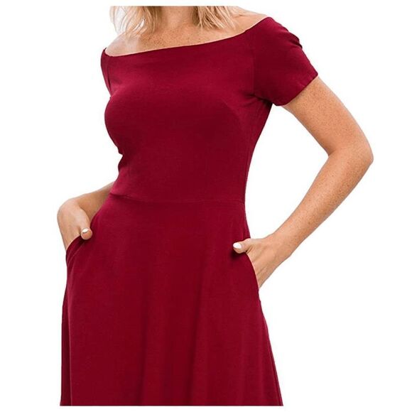❤️ Off Shoulder Short Sleeve Cocktail Burgundy Dress with Pockets SIZES M, L NEW - Picture 5 of 16